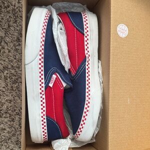 Vans Navy and Red Checkered Slip-Ons